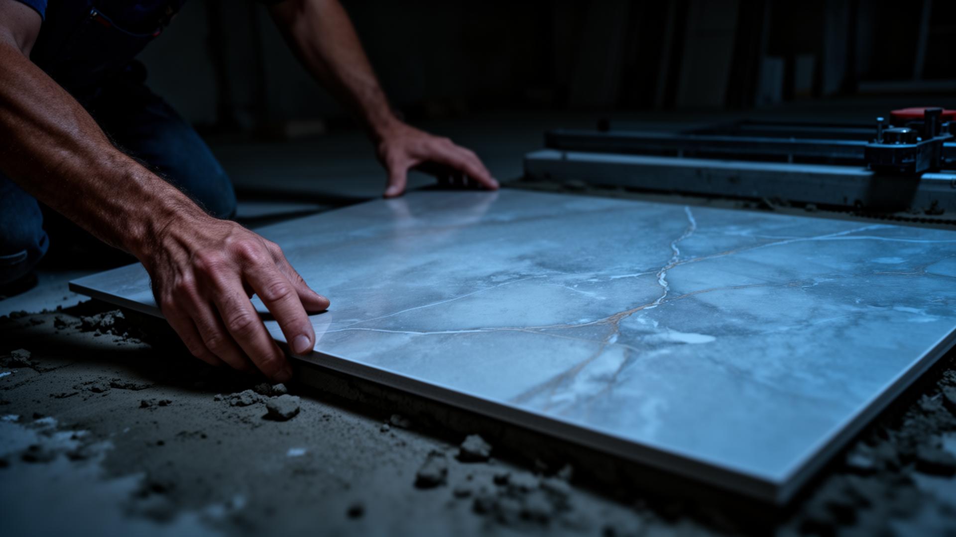 Mão de profissional posicionando peça de porcelanato